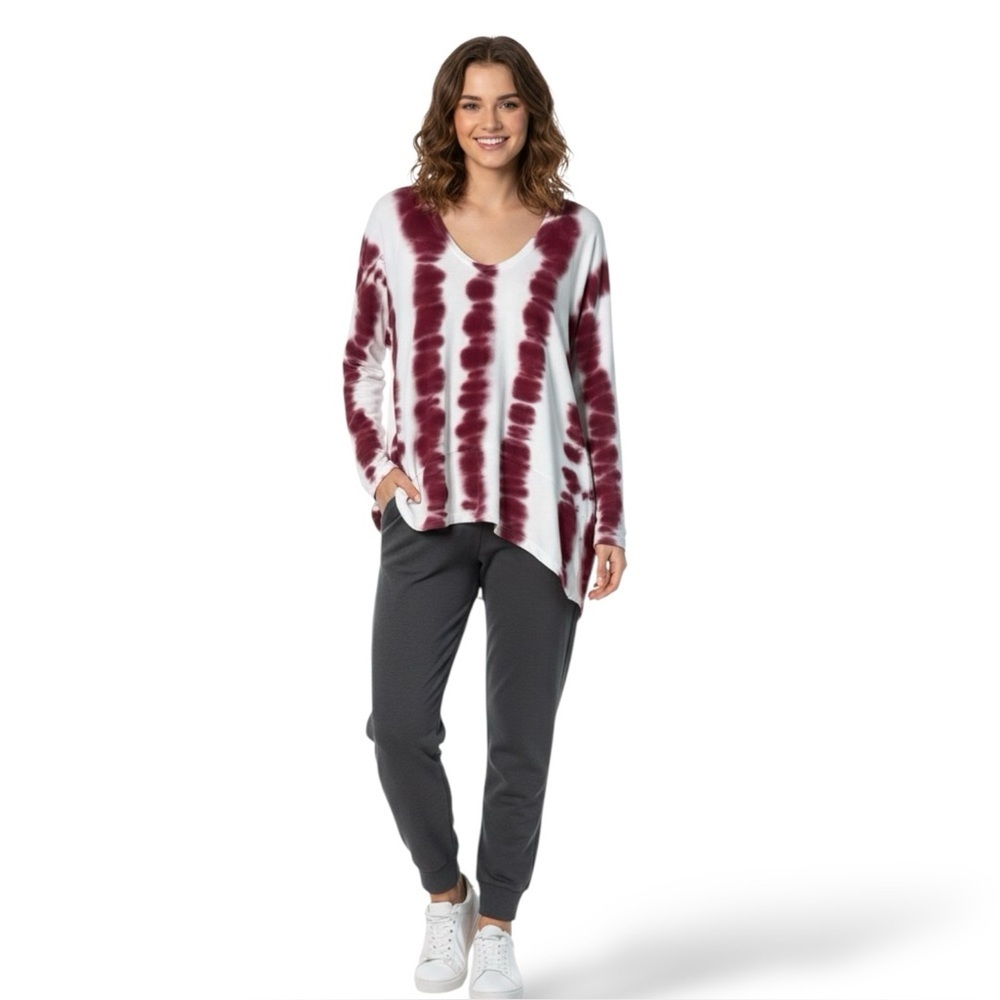 XCVI Long Sleeve Rayon Blend Knit Hi Lo Burgundy Tie Dye Print Top US Sz L